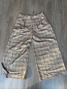 Francesca's Collections Plaid Wide-Leg Chinos in Beige and Brown